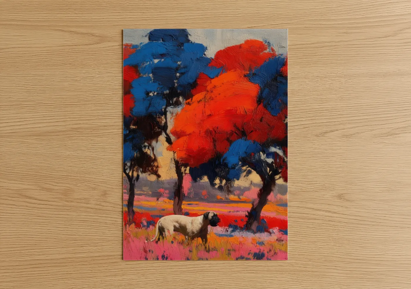 Art print on warm oak wood — blue and orange palette — Sunset Mastiff poster