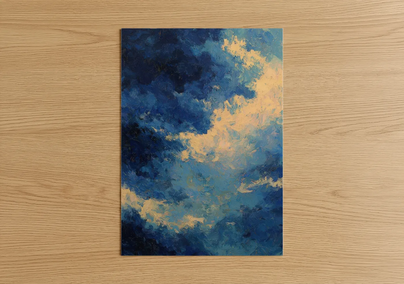 Art print on warm oak wood — blue and gold palette — Golden Nebula poster