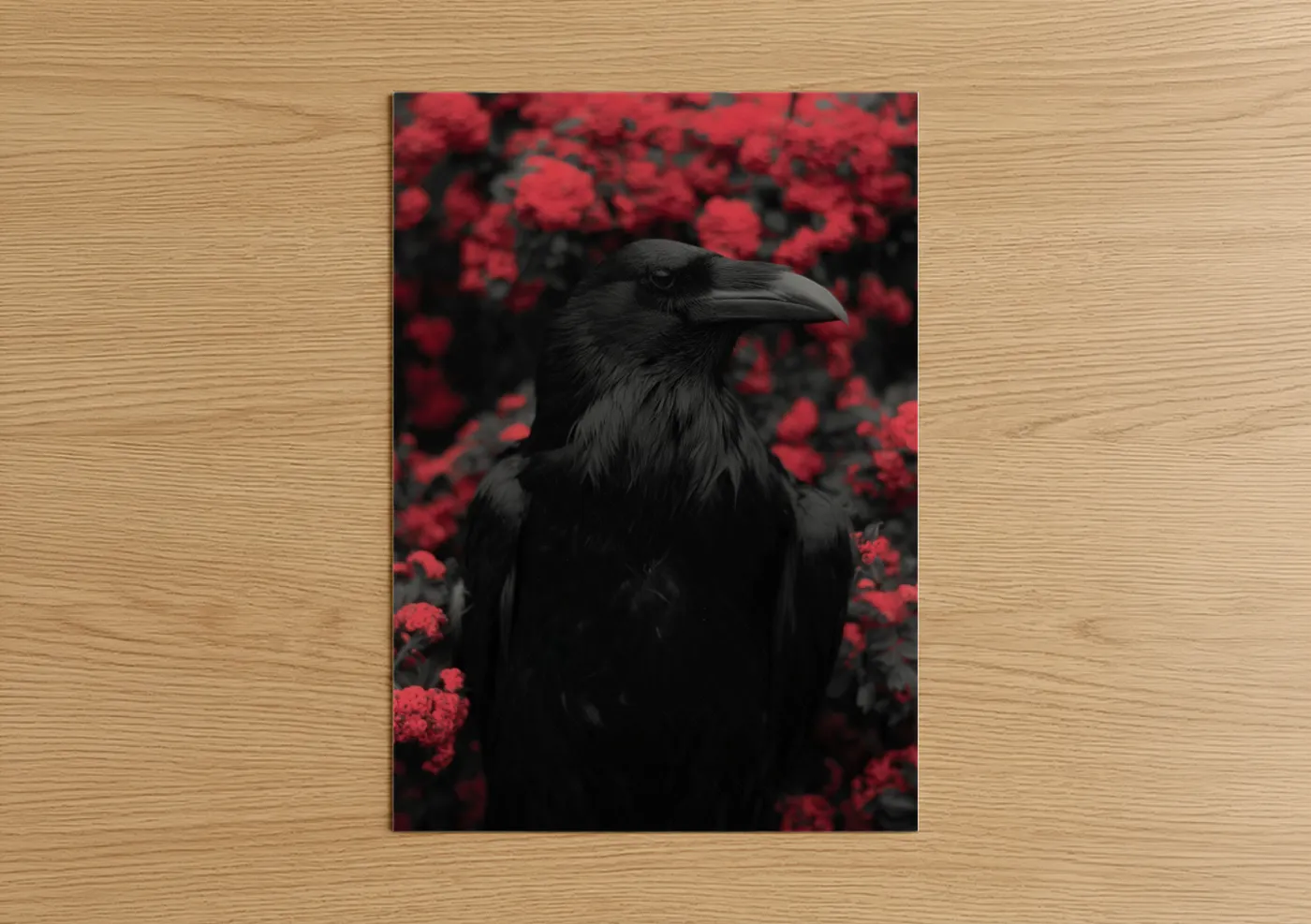 Crimson Raven Black Bird Red Flowers Wall Art