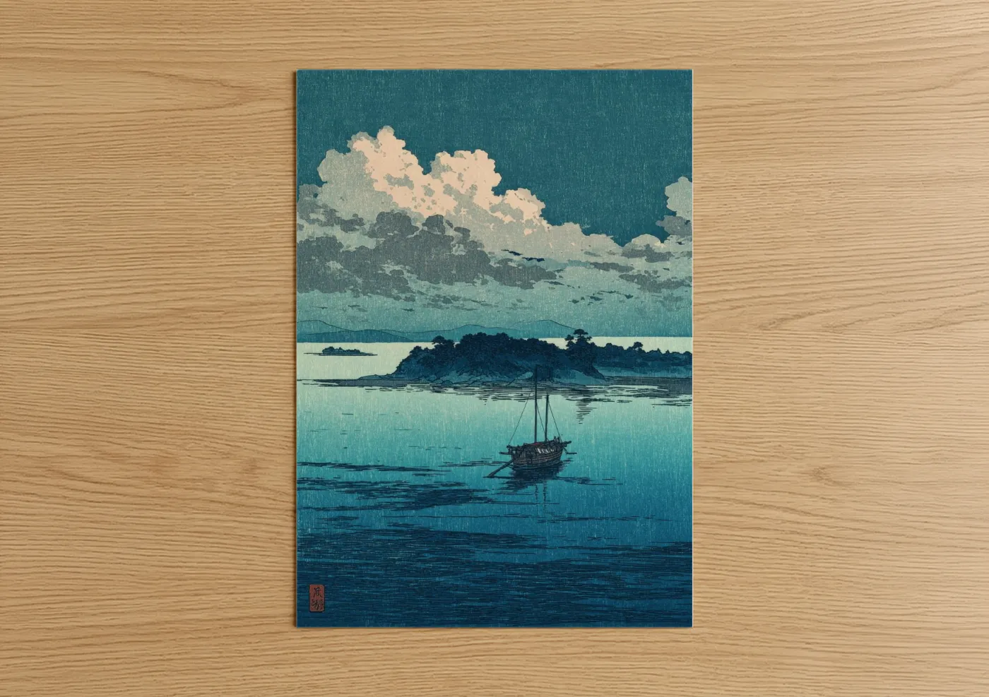 Seascapes and ocean art print on warm oak wood — teal and cream palette — Solitary Seascape poster
