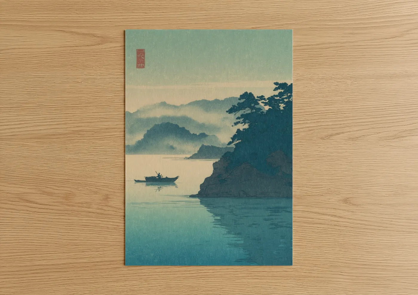 Misty Mountain Lake Japanese Woodblock Wall Art