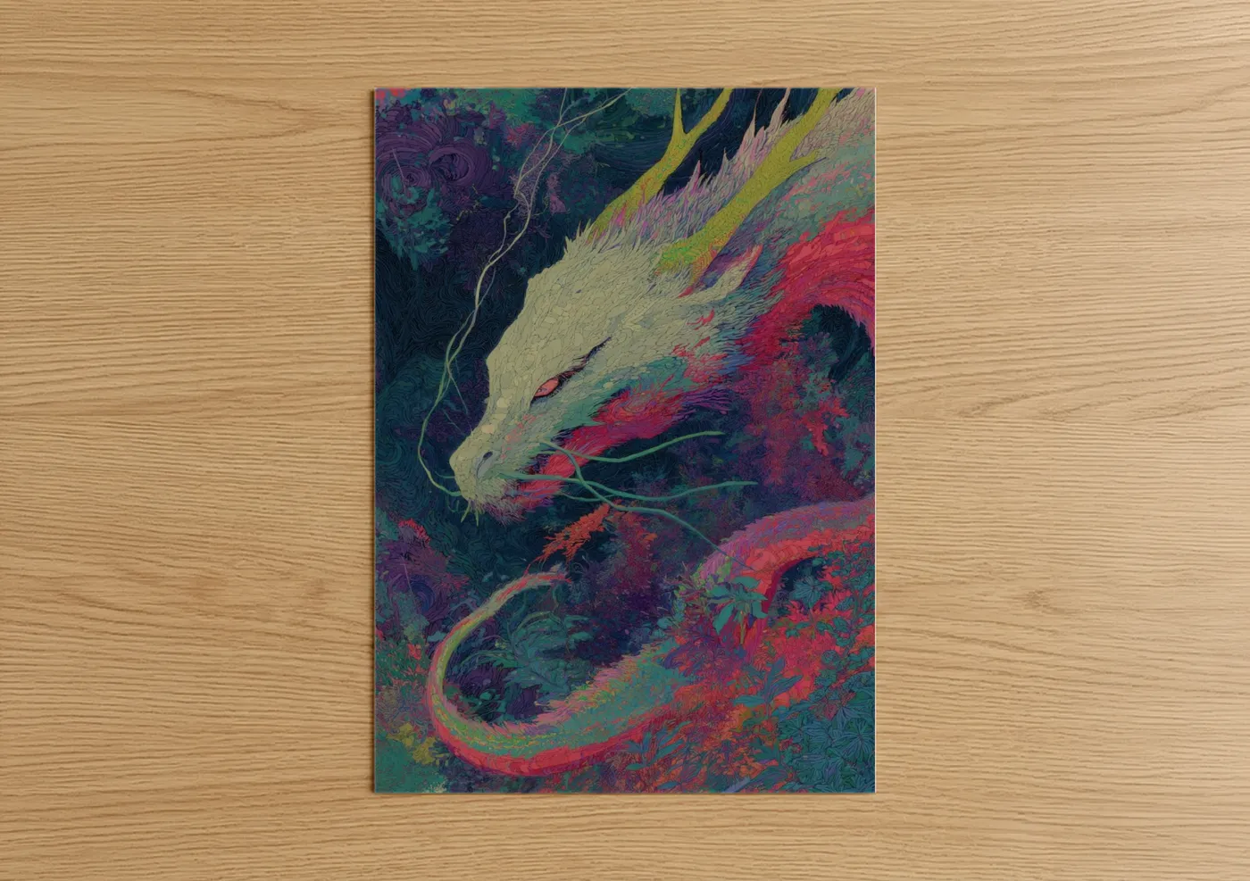 Art print on warm oak wood — magenta and teal palette — Crimson Dream Dragon poster