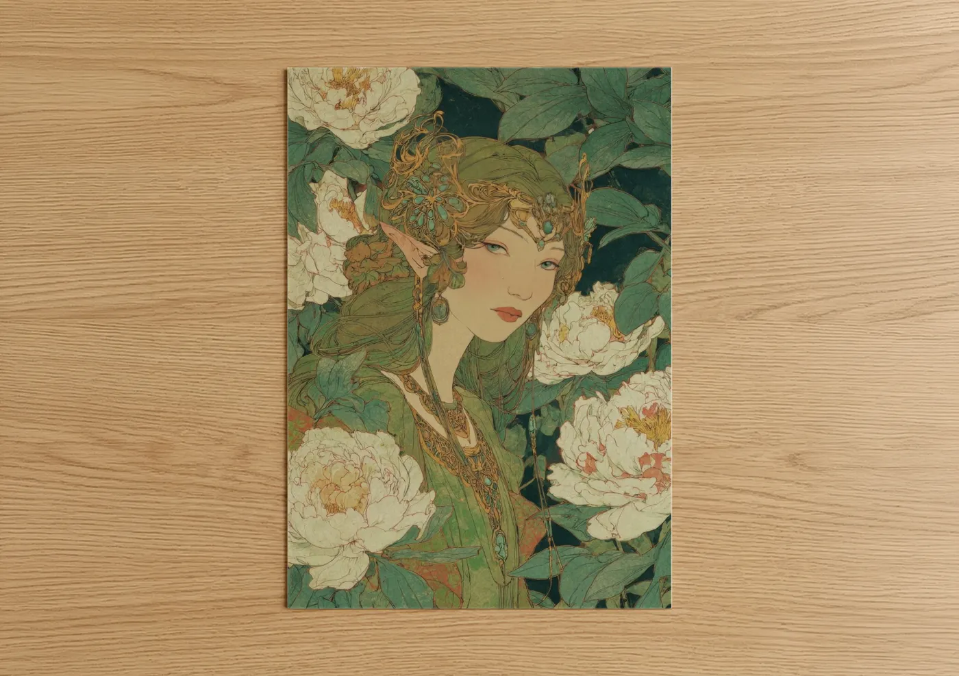 Golden Elf with Peonies Wall Art