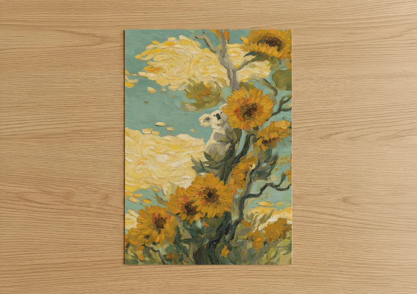 Art print on warm oak wood — gold and teal palette — Sunflower Koala poster