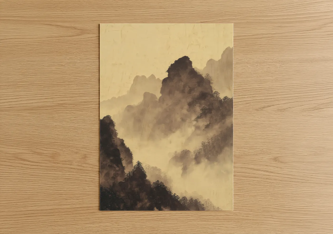 Art print on warm oak wood — beige and dove gray palette — Mountain Mist poster