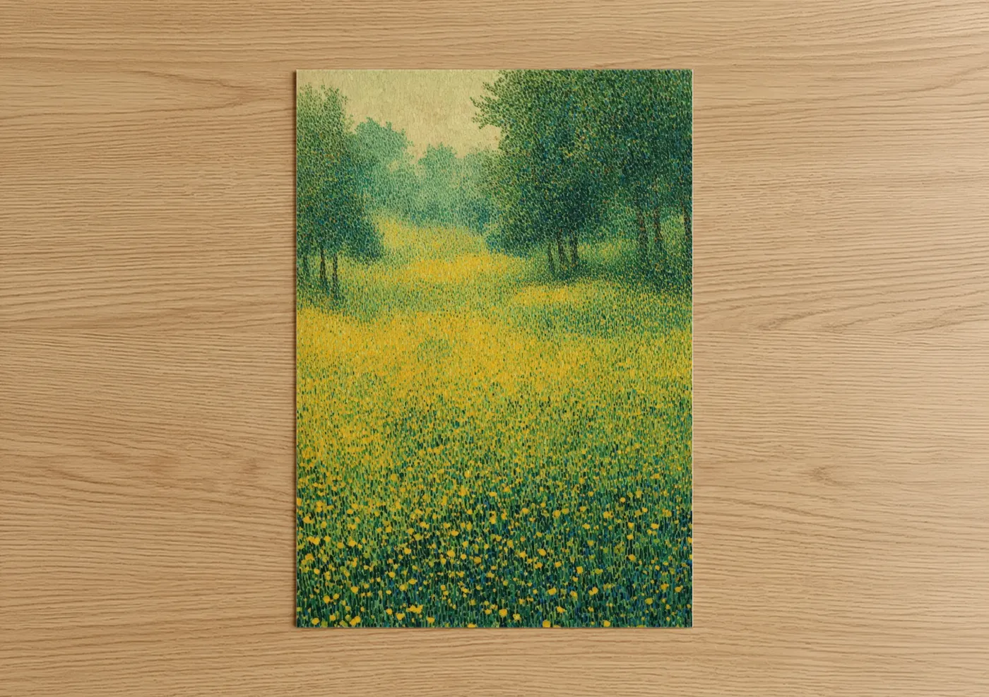 Green field art print on warm oak wood — yellow gold and true green palette — Golden Meadow Vista poster