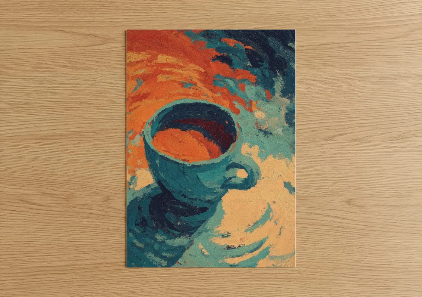 Art print on warm oak wood — orange and teal palette — Steaming Tea Swirl poster