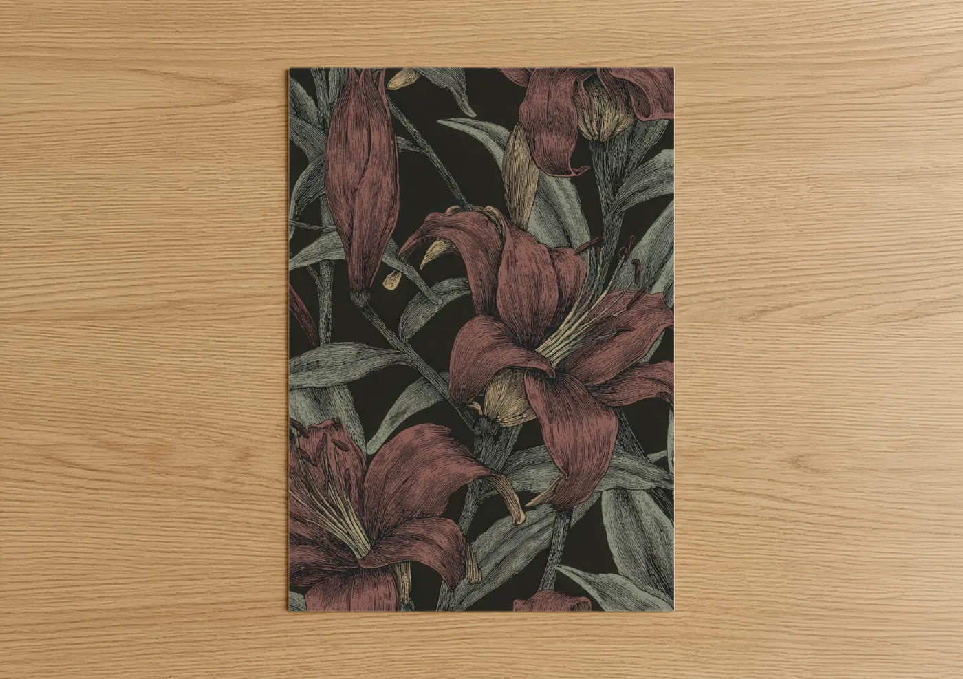 Burgundy Lily Study Botanical Line Wall Art