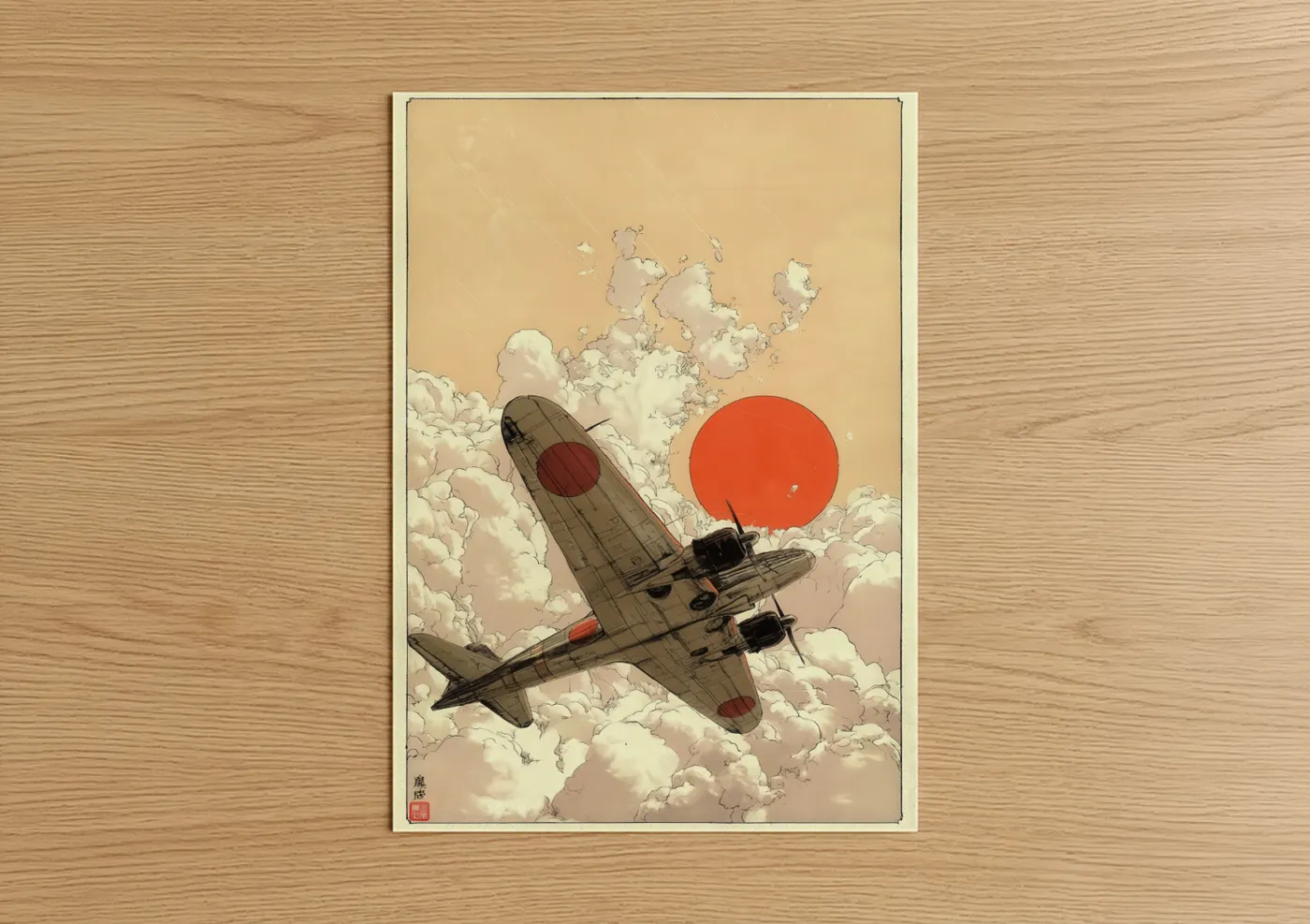Vintage airplane art print on warm oak wood — cream and red palette — Rising Sun Airplane poster