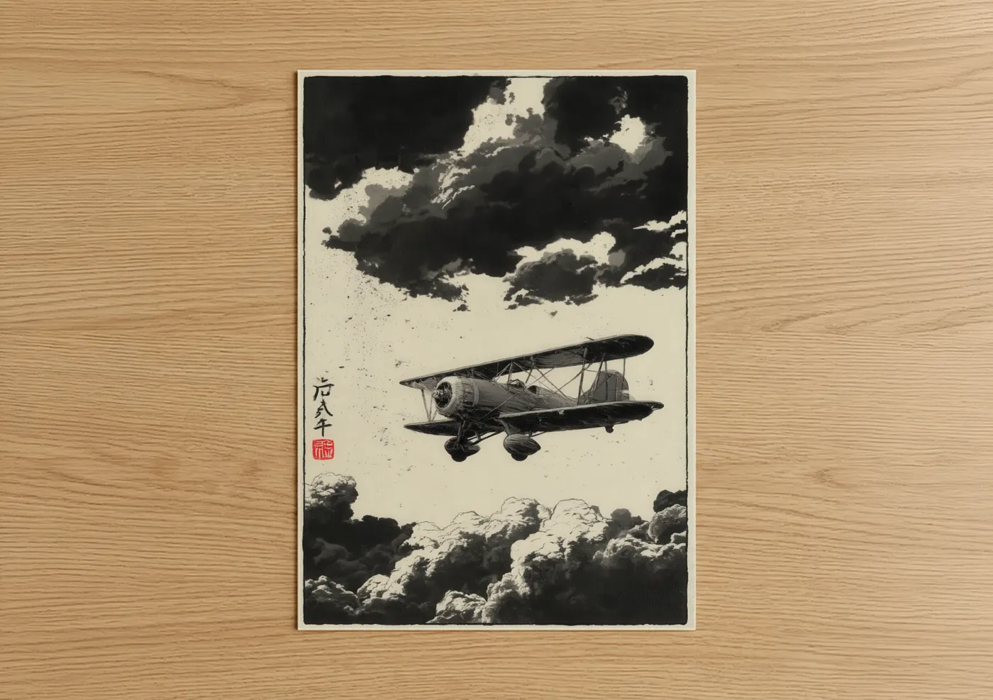 Vintage airplane art print on warm oak wood — black and white and cream palette — Biplane Cloudscape poster