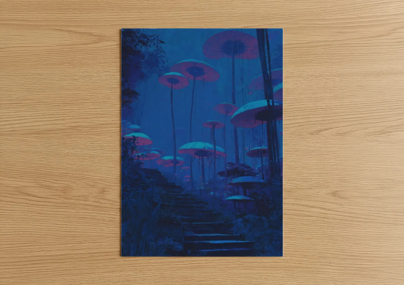 Art print on warm oak wood — blue and magenta palette — Neon Staircase poster