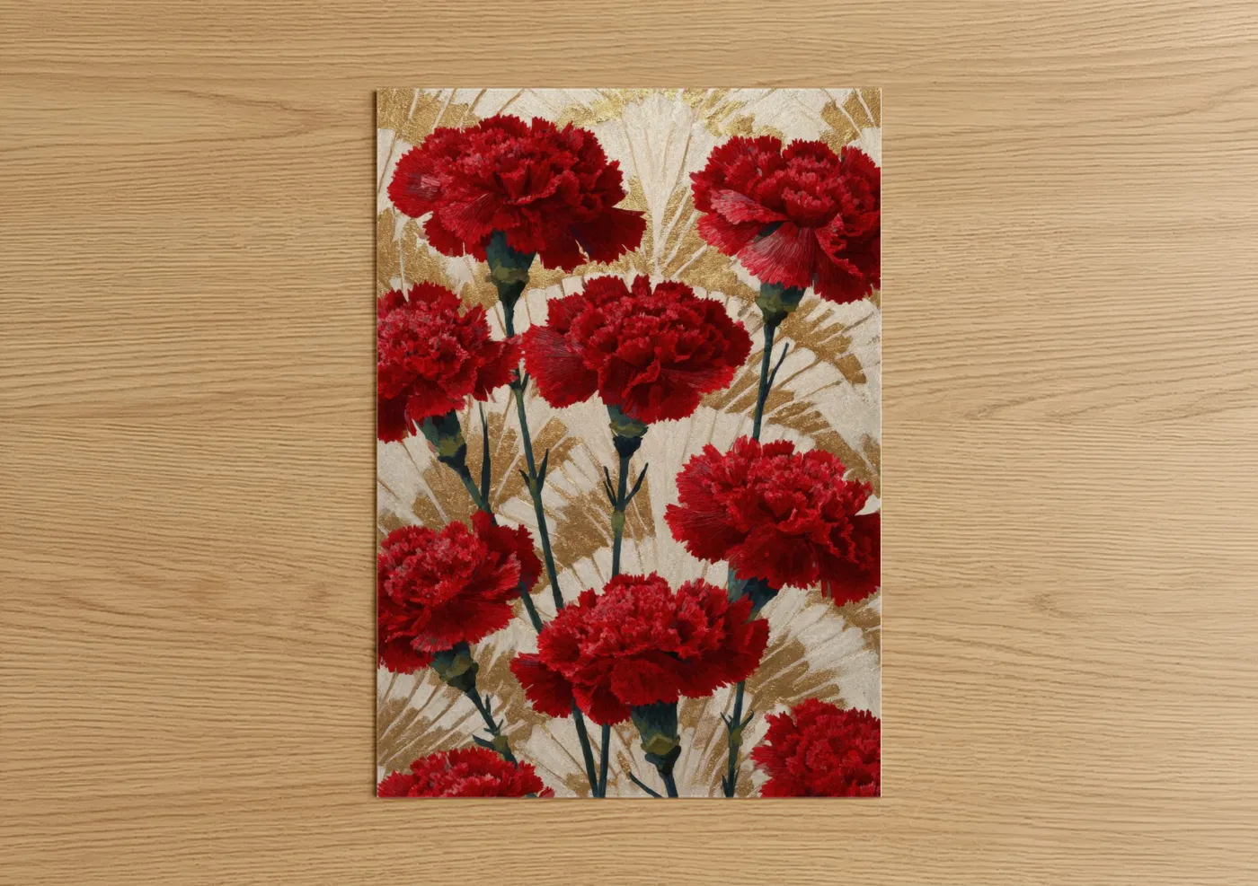Carnations art print on warm oak wood — red and gold palette — Crimson Carnation Cluster poster