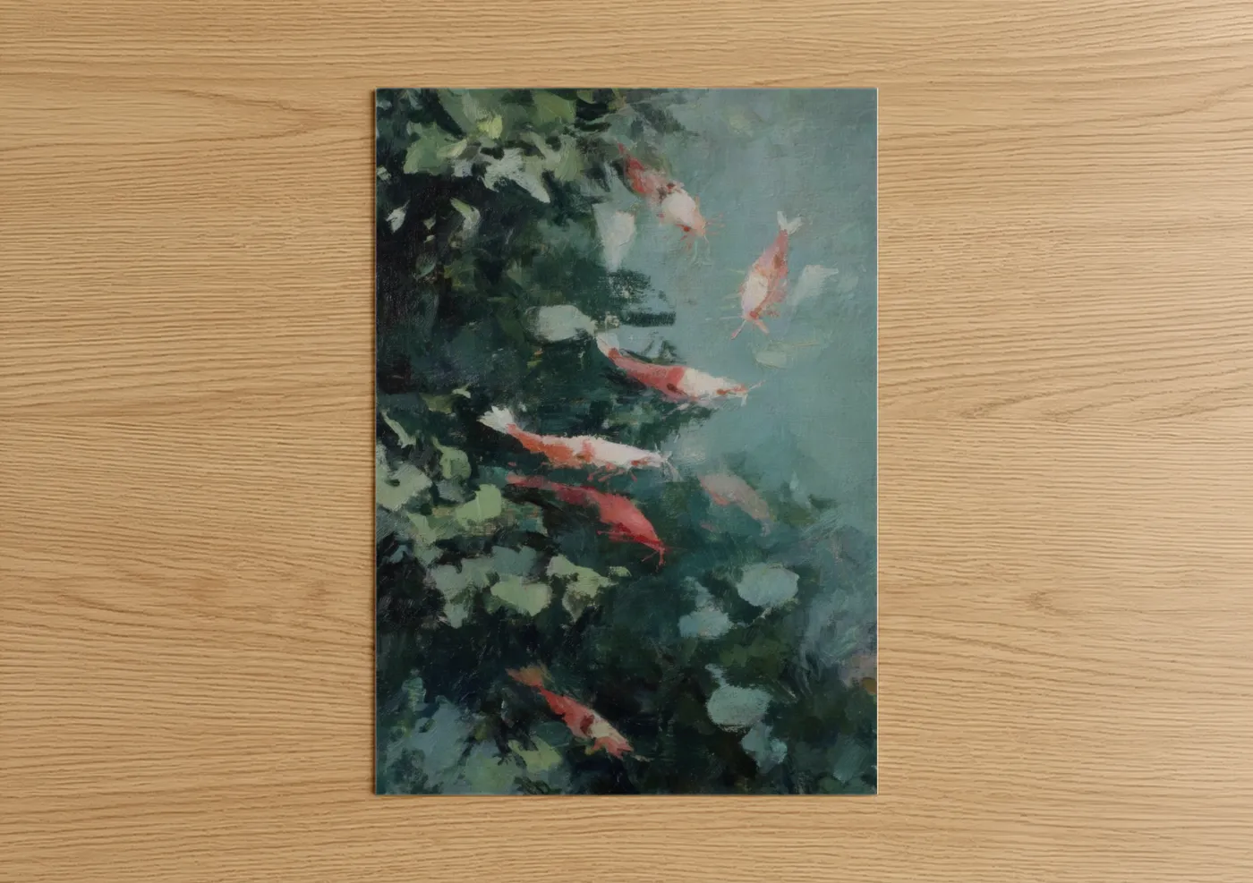 Shrimp art print on warm oak wood — teal and green palette — Garden Koi Dance poster