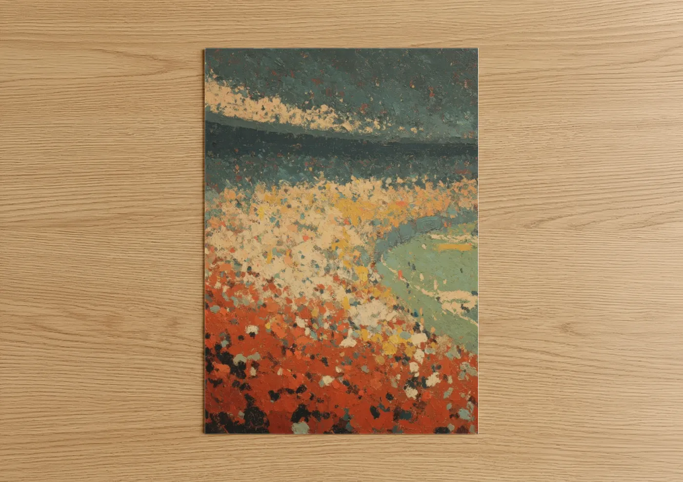 Football art print on warm oak wood — teal palette — Vintage Stadium Field poster