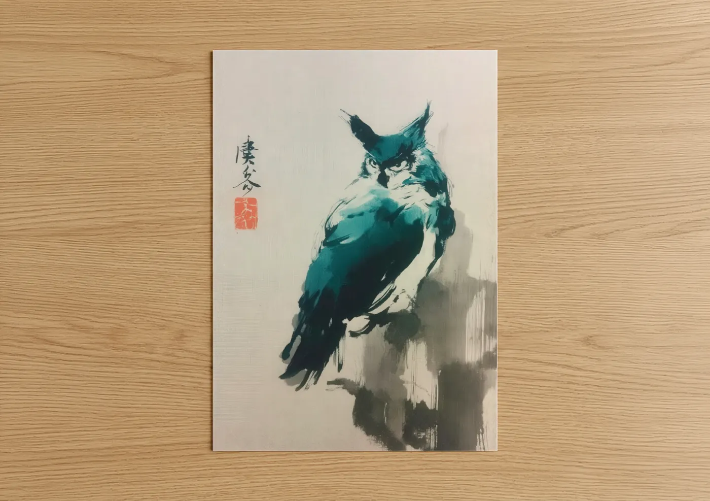 Art print on warm oak wood — teal and white palette — Watchful Owl poster
