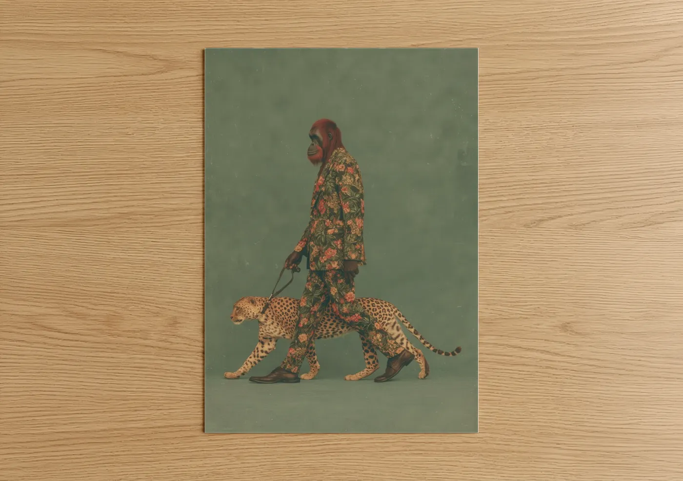 Art print on warm oak wood — sage green palette — Fashioned Orangutan poster