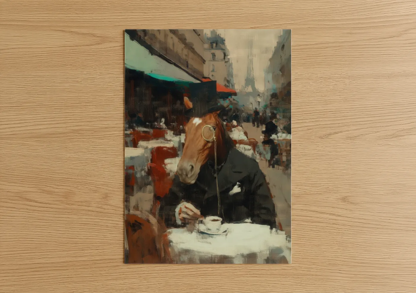 Quarter horse art print on warm oak wood — beige and teal palette — Parisian Horse poster