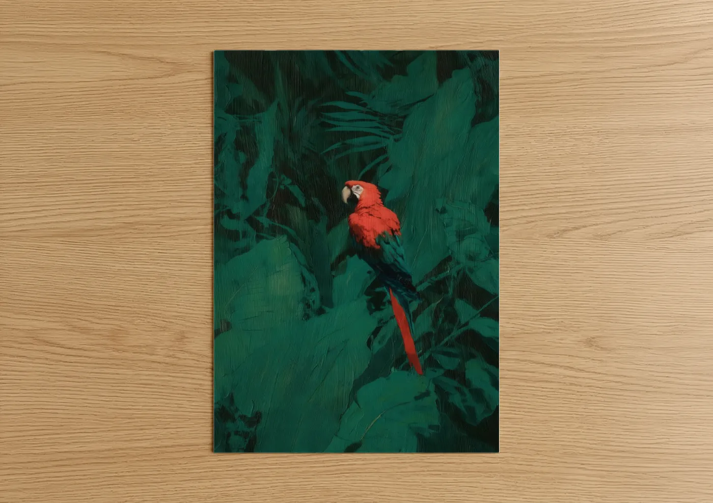 Art print on warm oak wood — red and true green palette — Scarlet Macaw Jungle poster