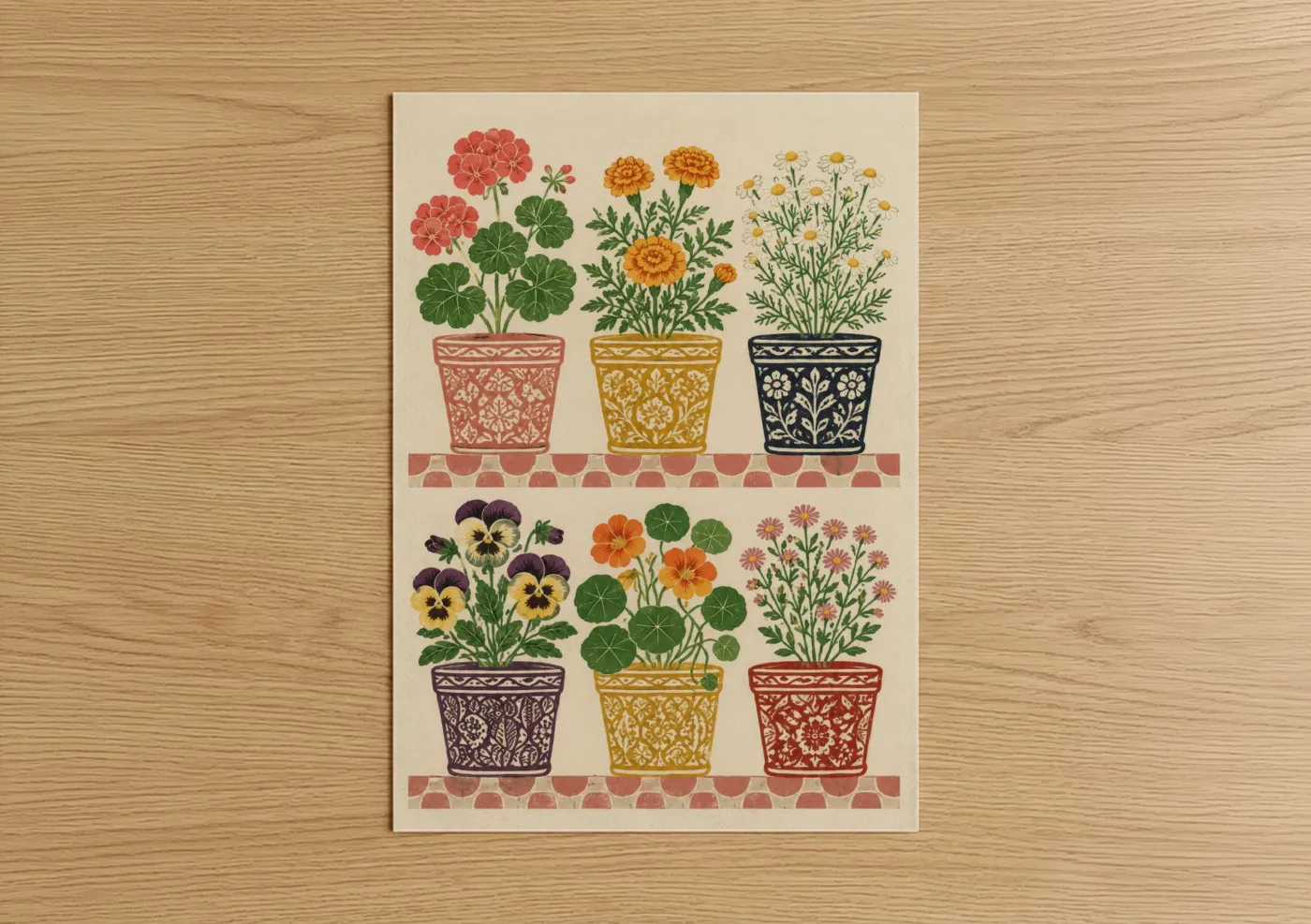 Geranium art print on warm oak wood — cream and mustard palette — Vintage Botanical Potted Flowers Wall Art poster