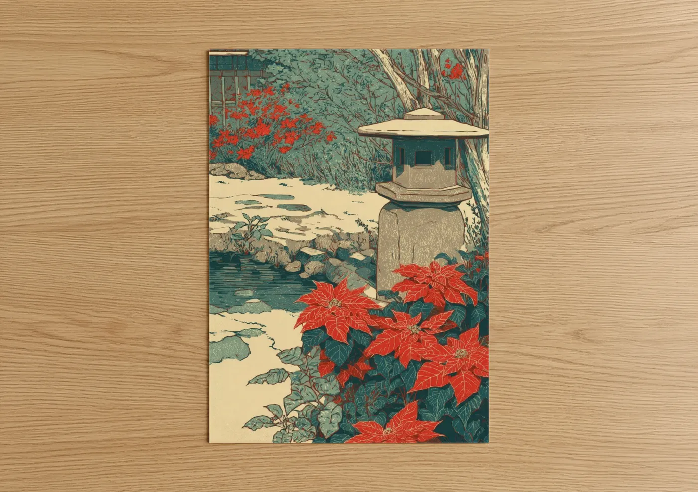 Art print on warm oak wood — teal and red palette — Garden Lantern Poinsettias poster