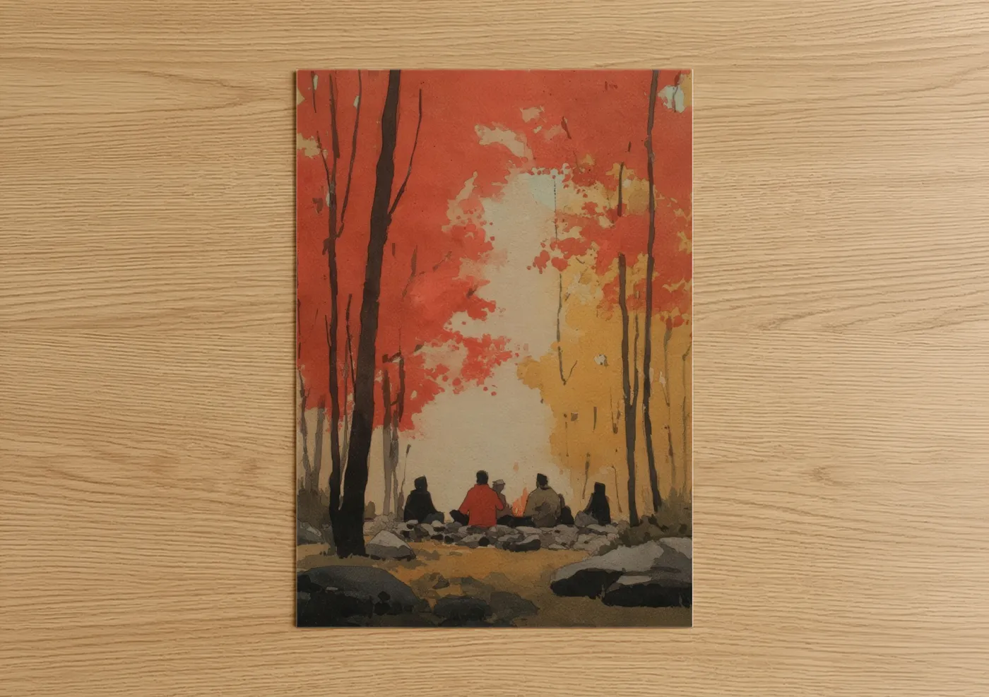 Camping art print on warm oak wood — orange and cream palette — Autumn Campfire poster