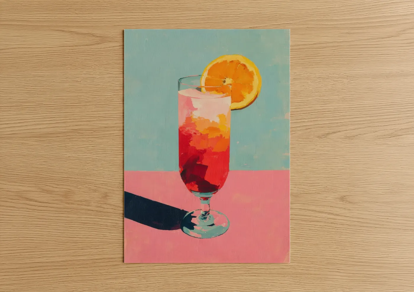Art print on warm oak wood — pink and orange palette — Tropical Cocktail poster