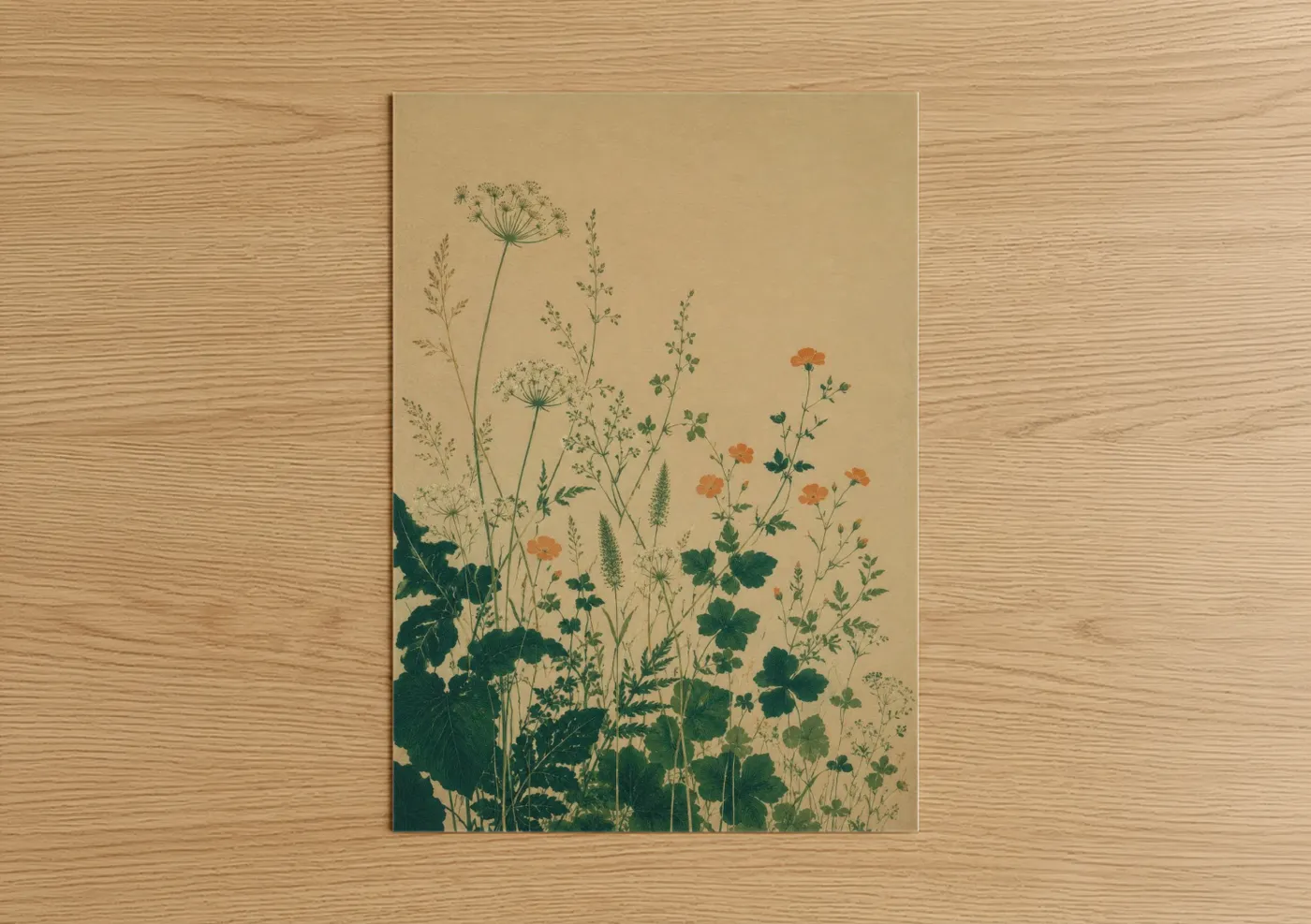 Art print on warm oak wood — beige and true green palette — Botanical Wildflower Meadow Wall Art poster