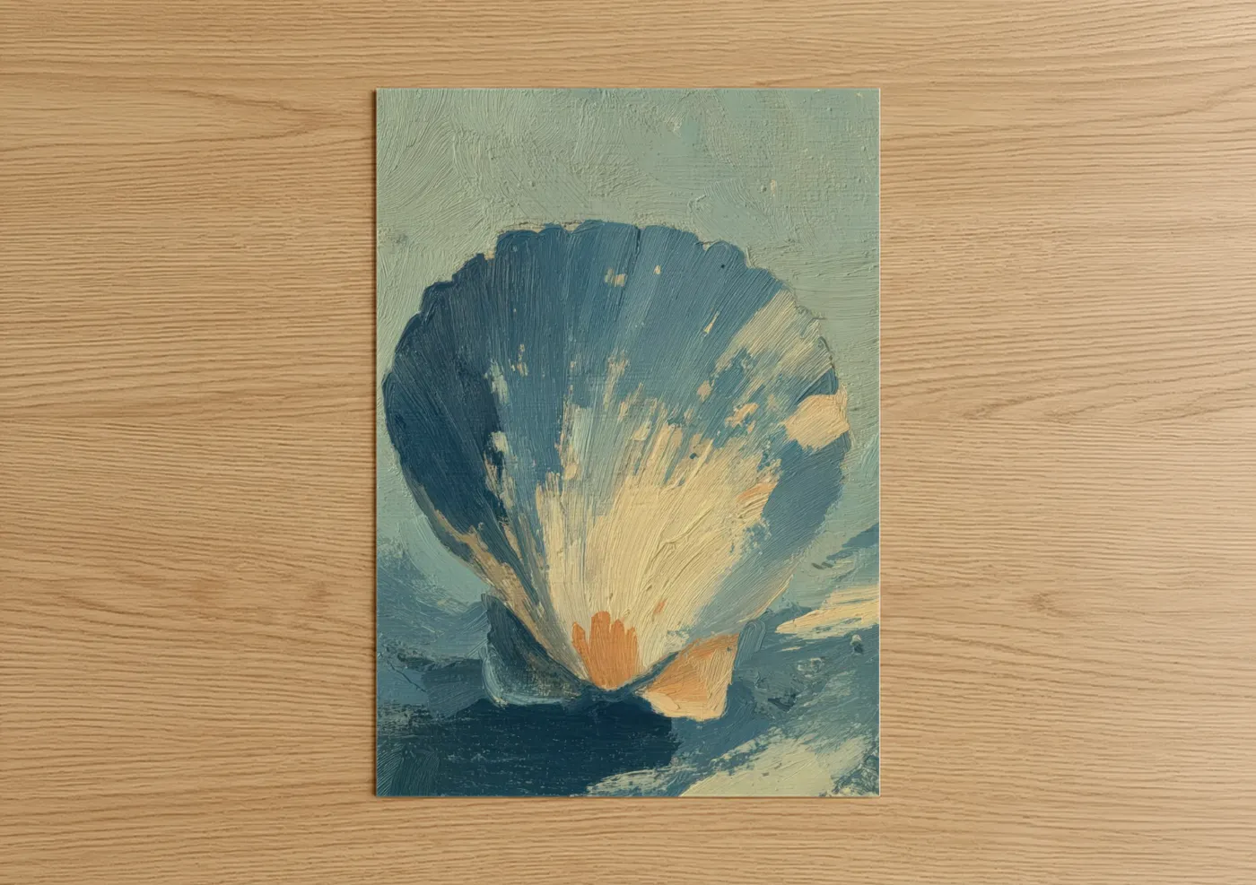 Art print on warm oak wood — blue and gold palette — Golden Seashell poster