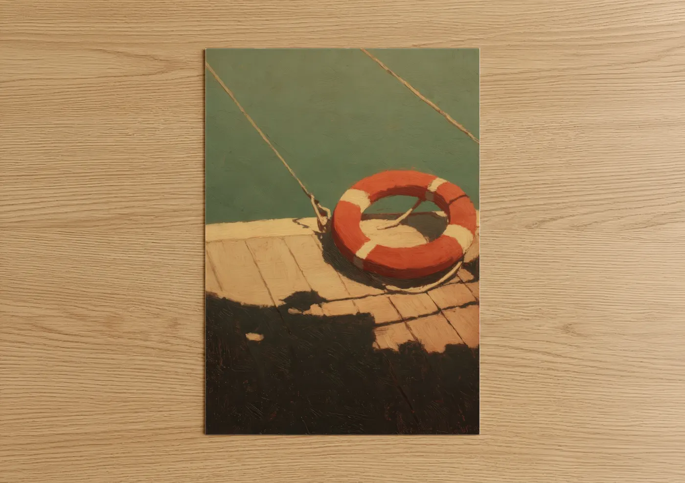 Art print on warm oak wood — red and sage green palette — Dockside Life Ring poster