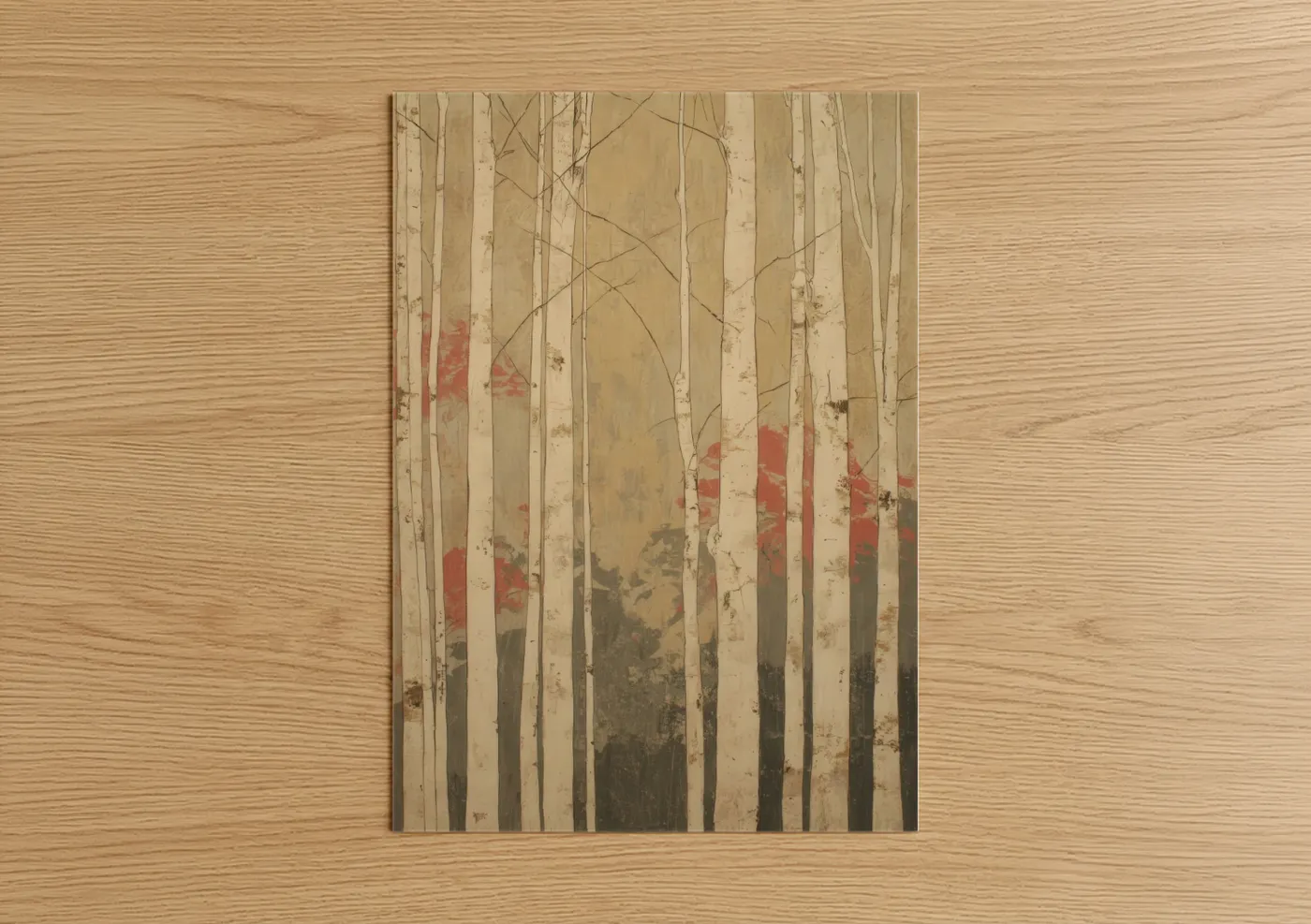 Art print on warm oak wood — beige and russet palette — Autumn Birch Forest poster