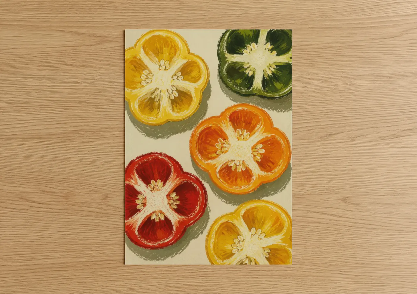 Fruit art print on warm oak wood — yellow and orange palette — Citrus Cross-Section Kitchen Wall Art poster