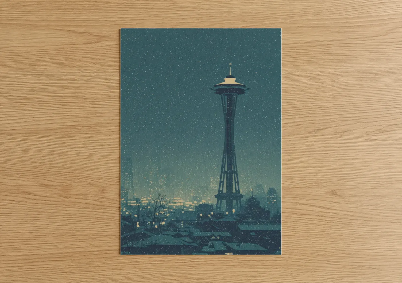 Space needle (seattle) art print on warm oak wood — teal and gold palette — Starry Seattle Night poster