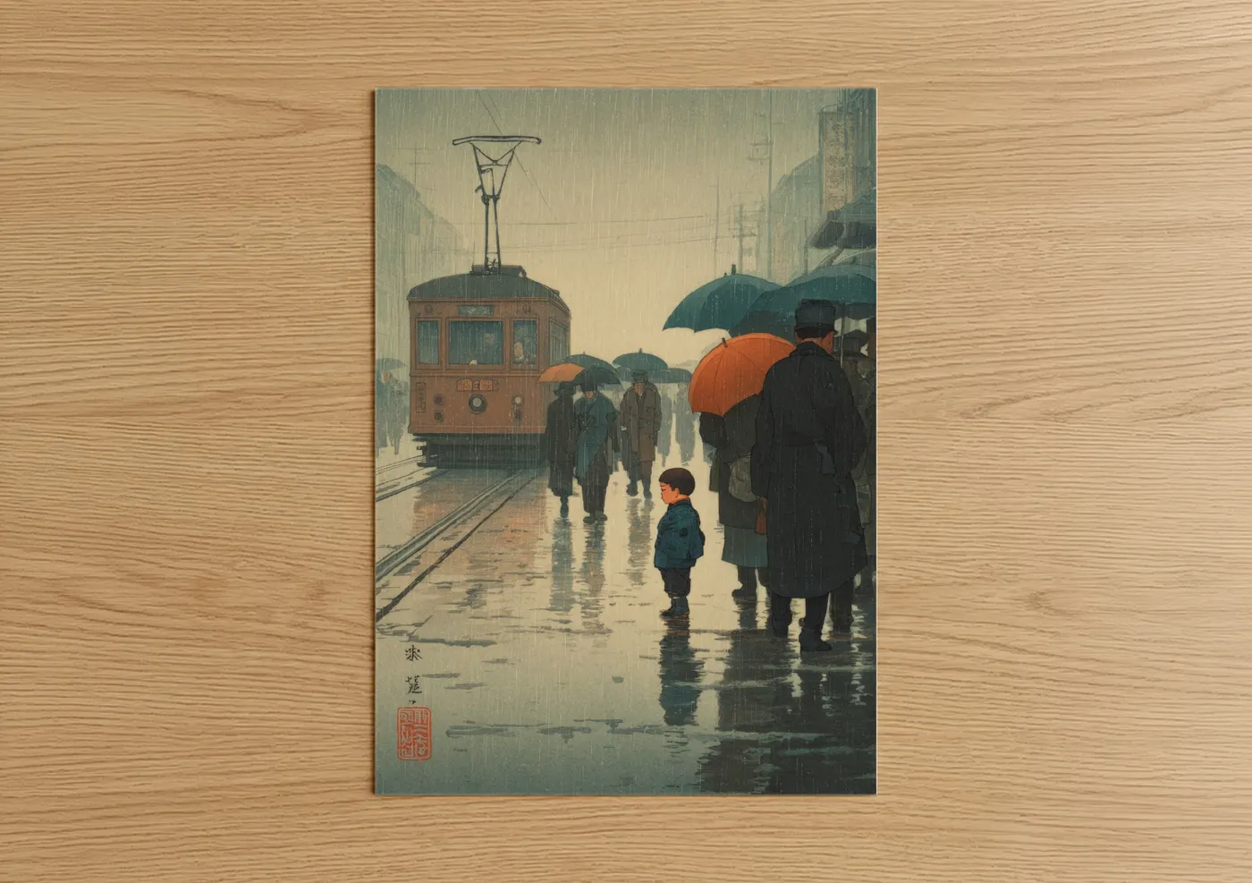 Power lines art print on warm oak wood — gray and teal palette — Rainy Streetcar poster