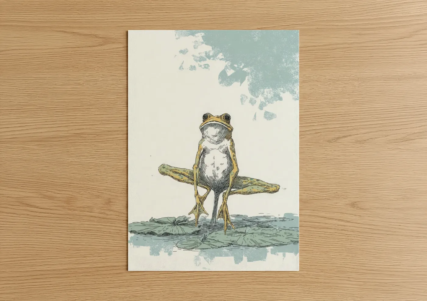 Frogs and toads art print on warm oak wood — teal and cream palette — Contemplative Frog poster