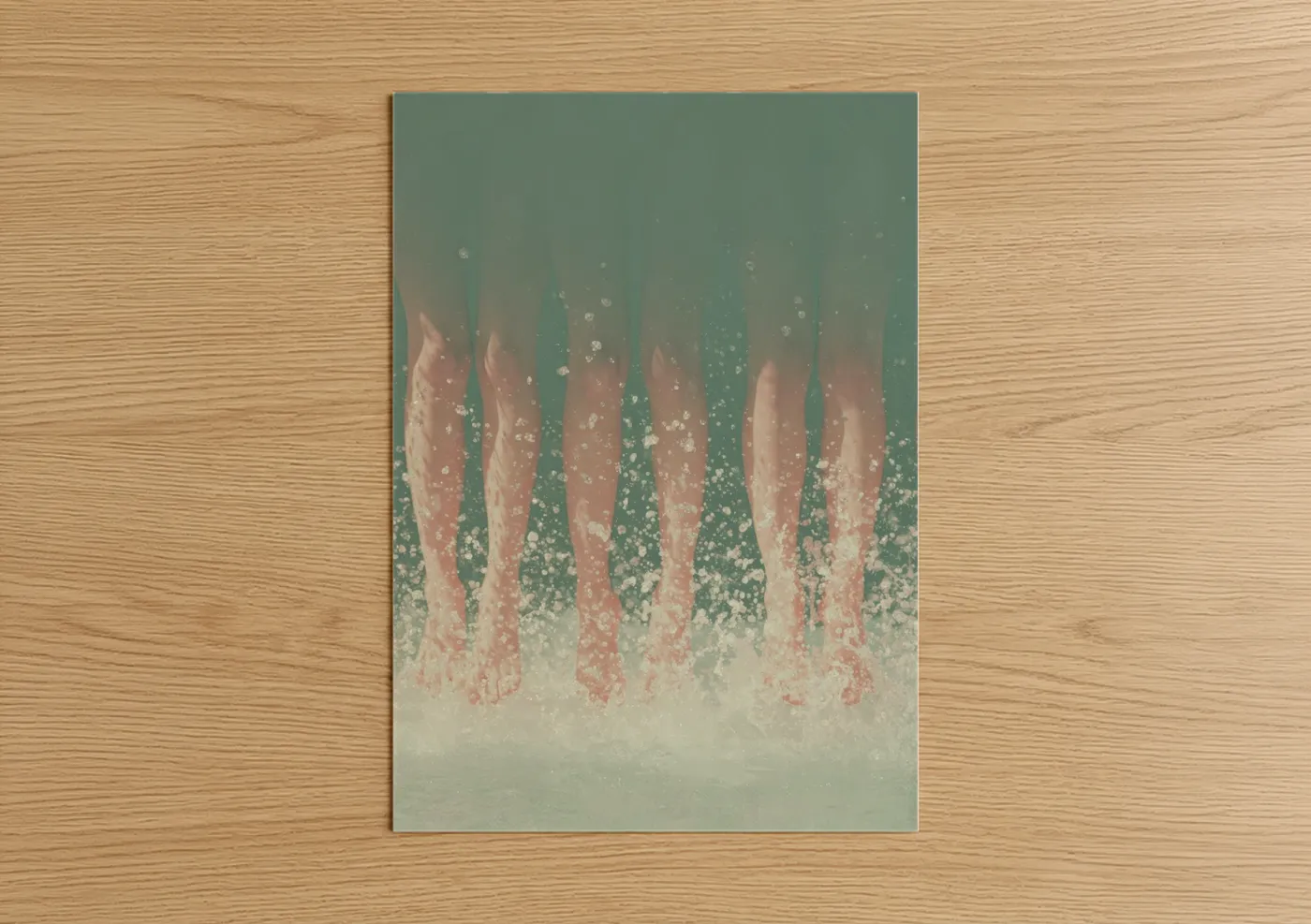 Swimming art print on warm oak wood — sage green and peach palette — Underwater Swimmers poster