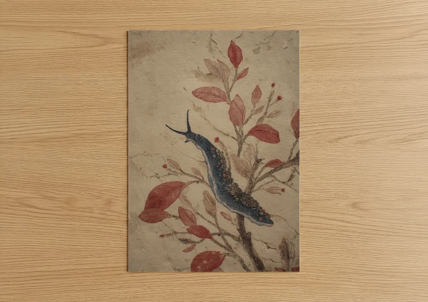 Art print on warm oak wood — cream and rose gold palette — Crimson Nudibranch poster