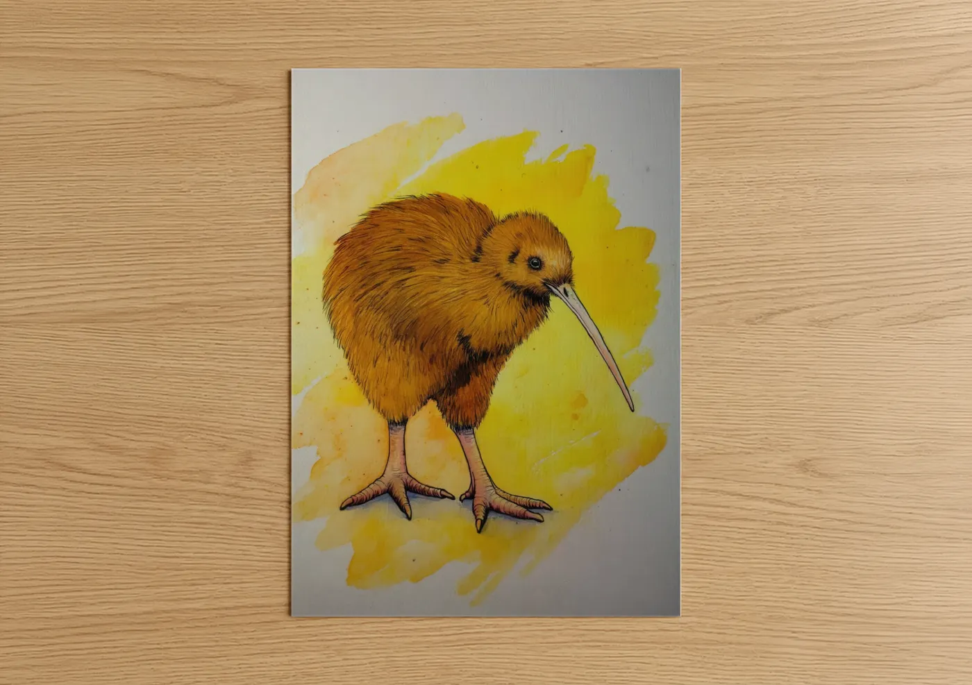 Art print on warm oak wood — yellow and brown palette — Golden Kiwi poster