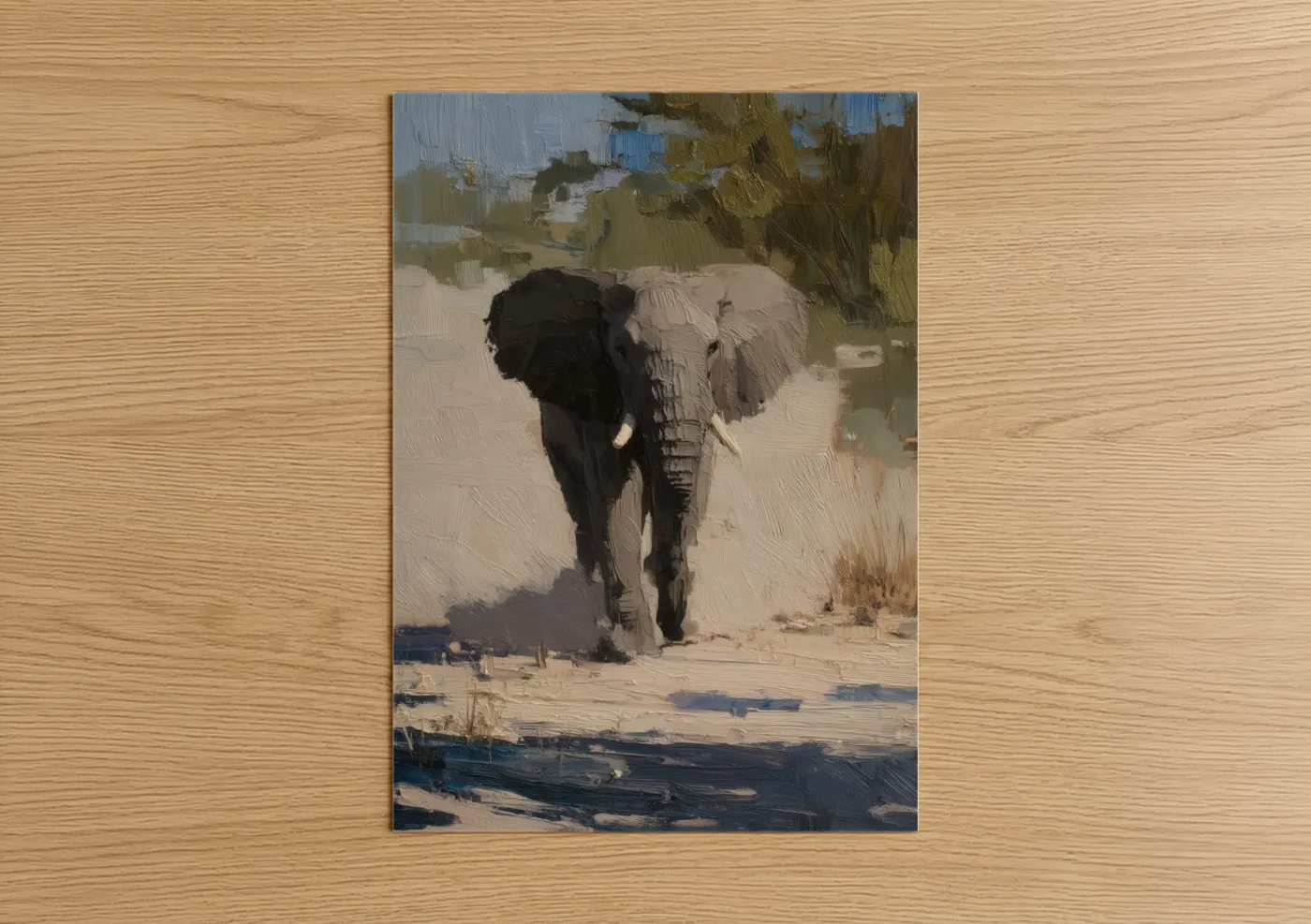 Art print on warm oak wood — gold and blue and yellow palette — Striding Savanna Elephant poster