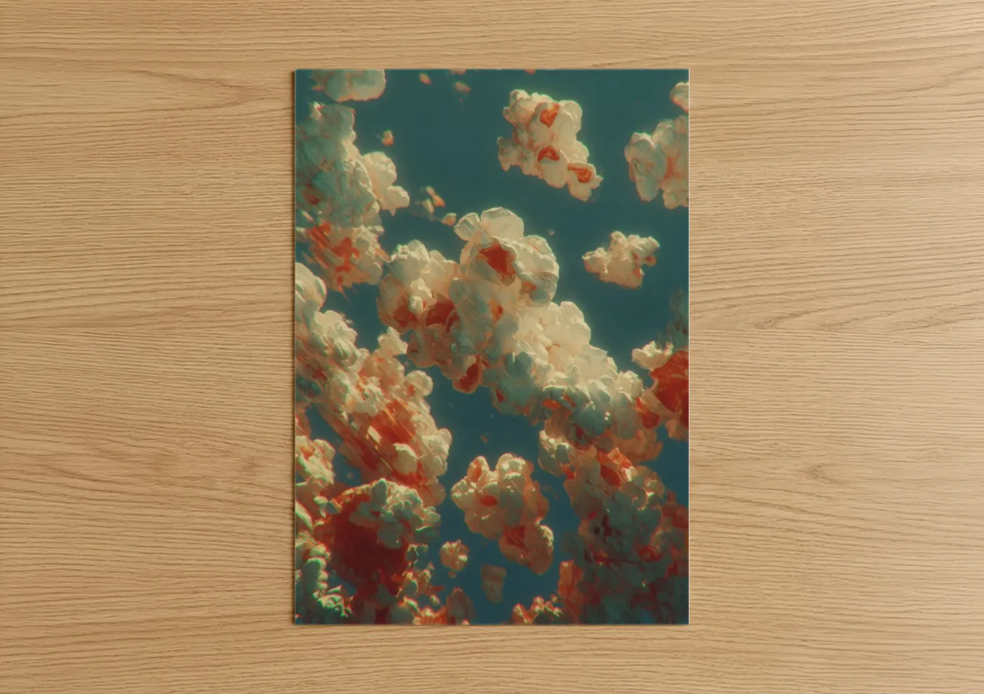 Art print on warm oak wood — teal and gold palette — Dreamy Popcorn Sky poster