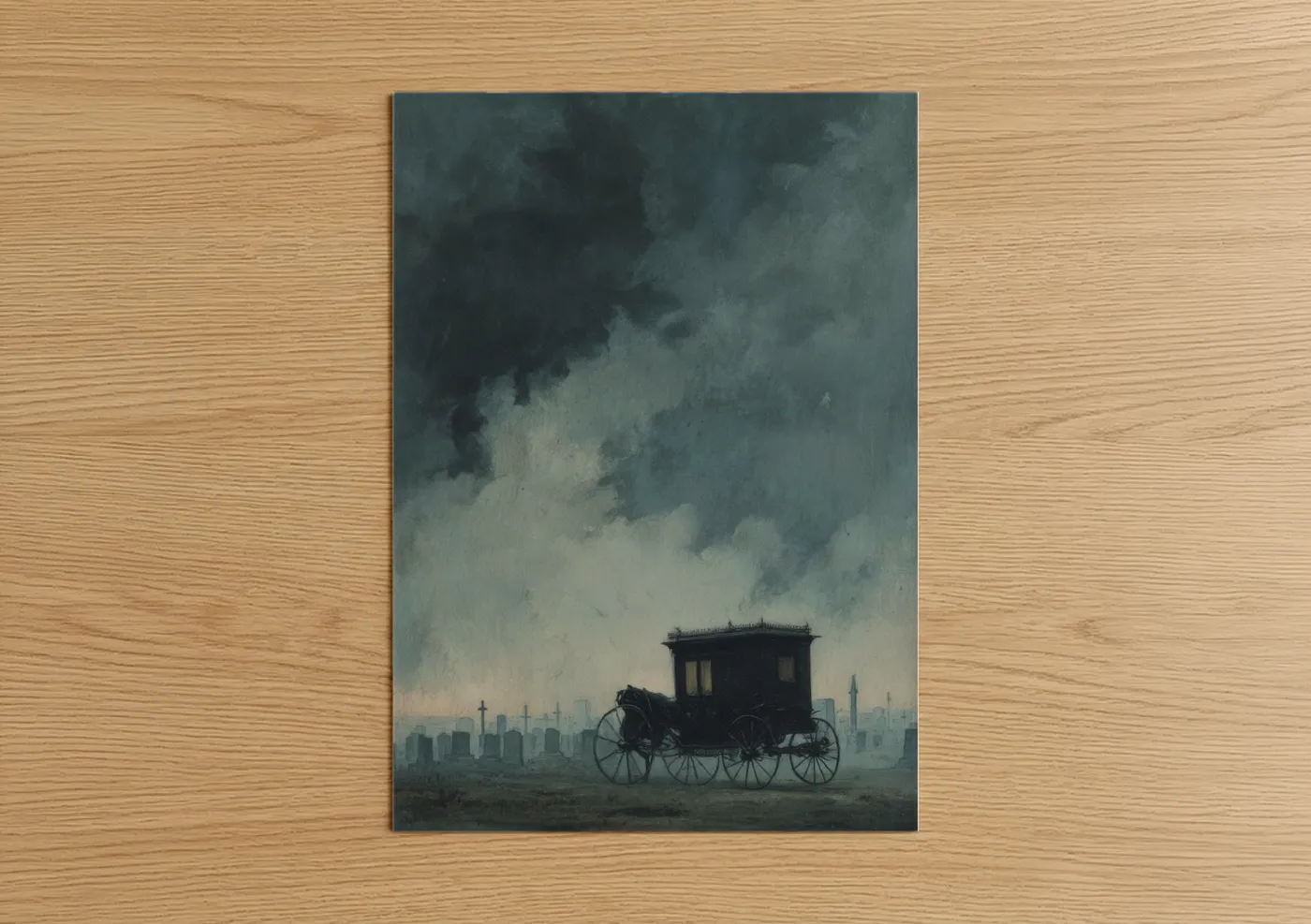 Wagon art print on warm oak wood — gray and black and white palette — Stormy Carriage poster