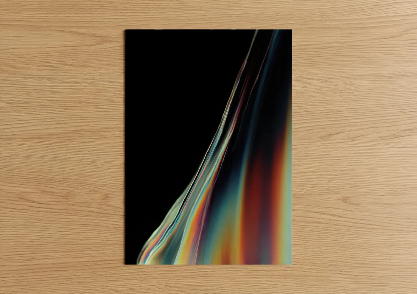 Glassworking art print on warm oak wood — black and gold palette — Prismatic Glass Flow poster