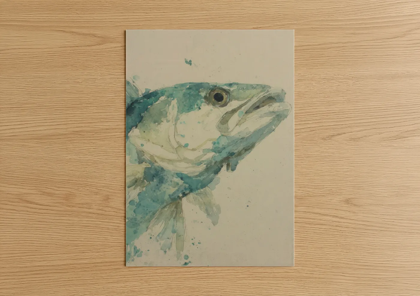 Art print on warm oak wood — teal and cream palette — Turquoise Snook poster