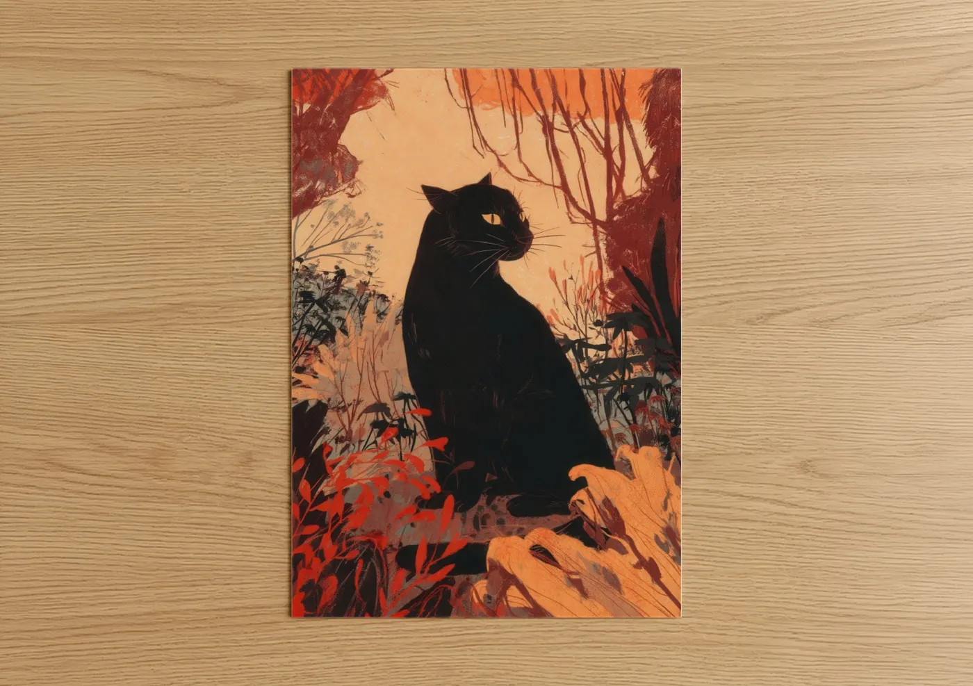 Art print on warm oak wood — orange and black and gold palette — Midnight Garden Panther poster