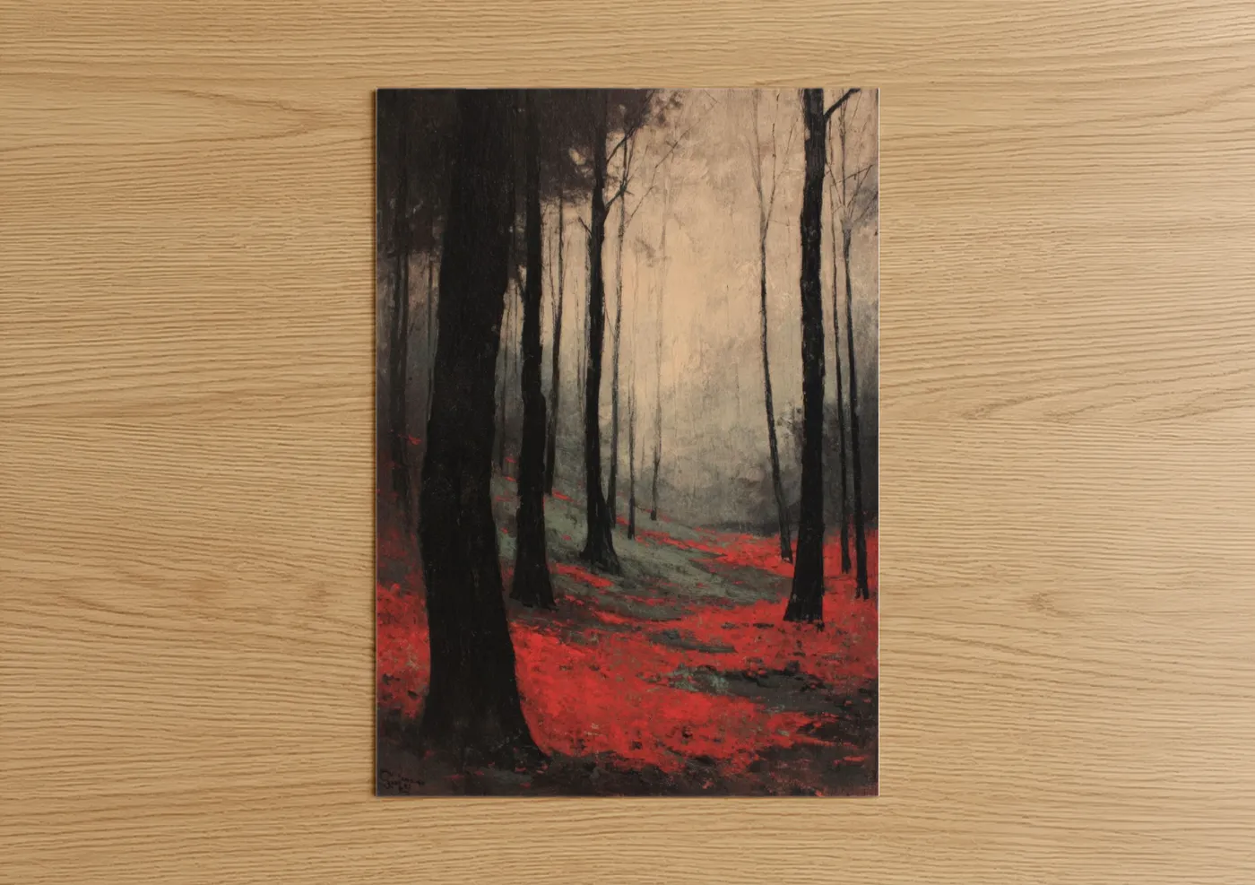 Art print on warm oak wood — red and black palette — Crimson Autumn Forest poster