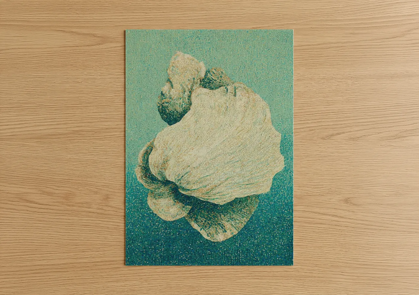 Art print on warm oak wood — turquoise and cream palette — Coastal Oyster poster
