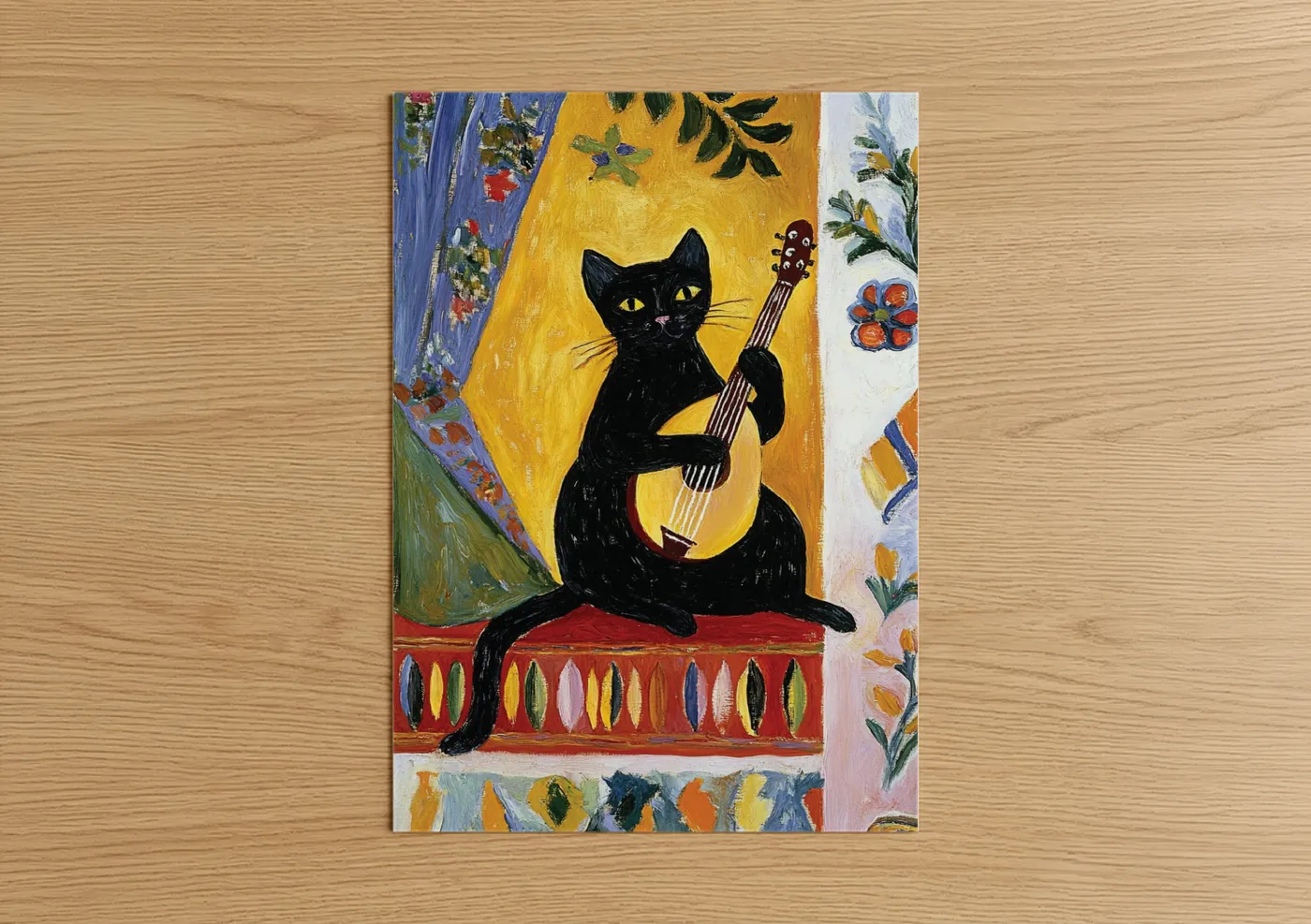 Art print on warm oak wood — gold and blue palette — Musical Black Cat poster