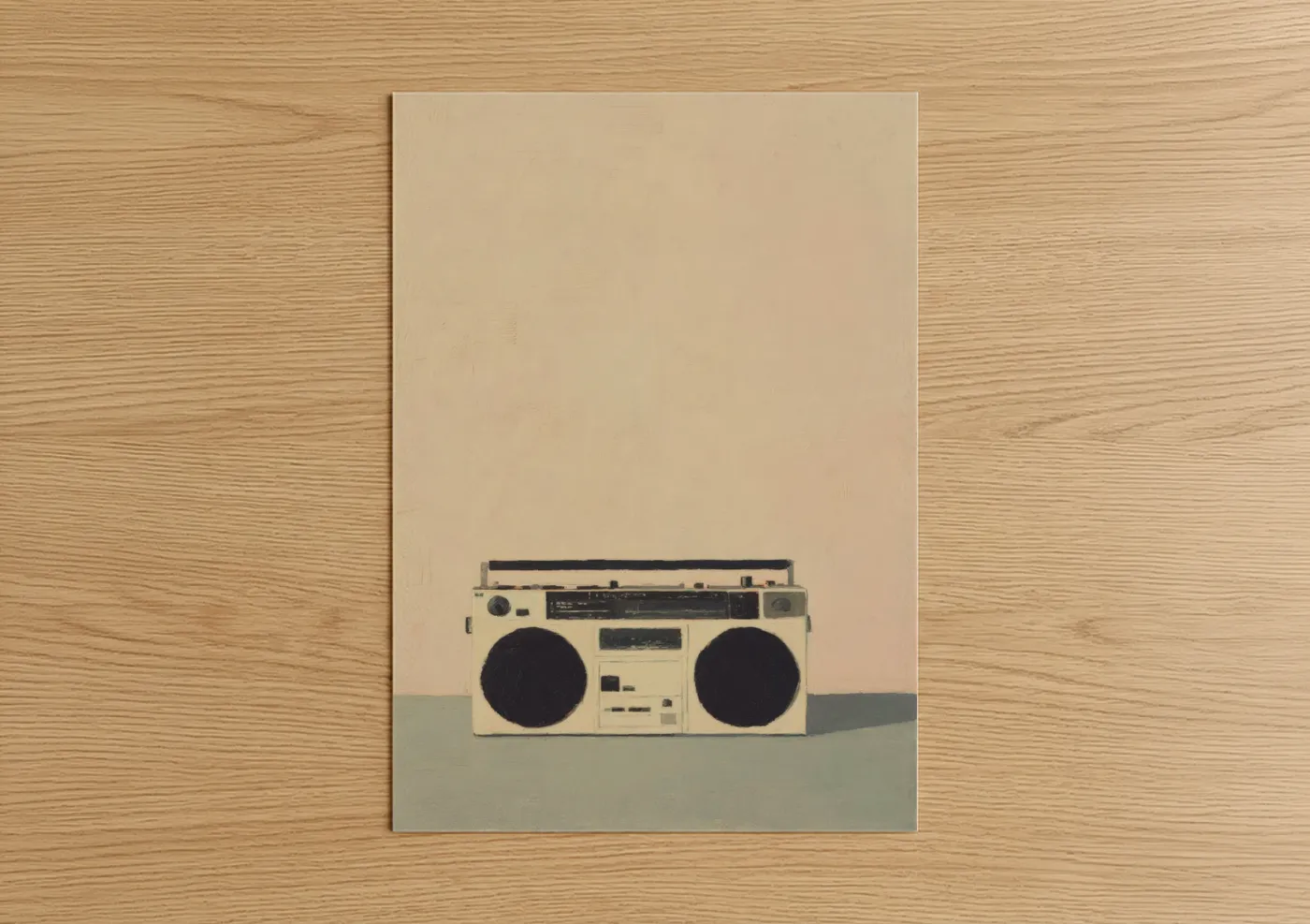 Art print on warm oak wood — cream and dove gray palette — Vintage Boombox poster