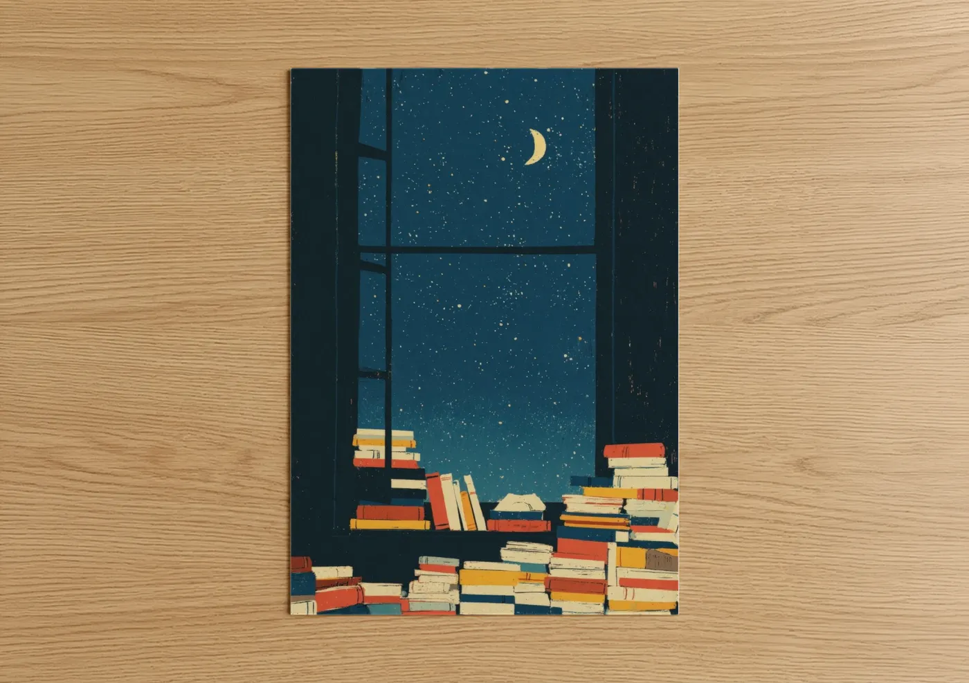 Starlit Window with Books Night Sky Wall Art