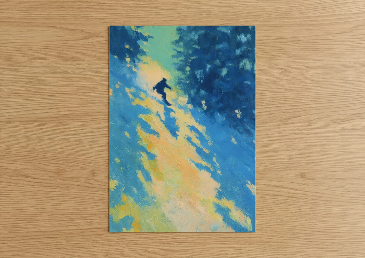 Snowboarding art print on warm oak wood — blue and gold and turquoise palette — Golden Descent poster