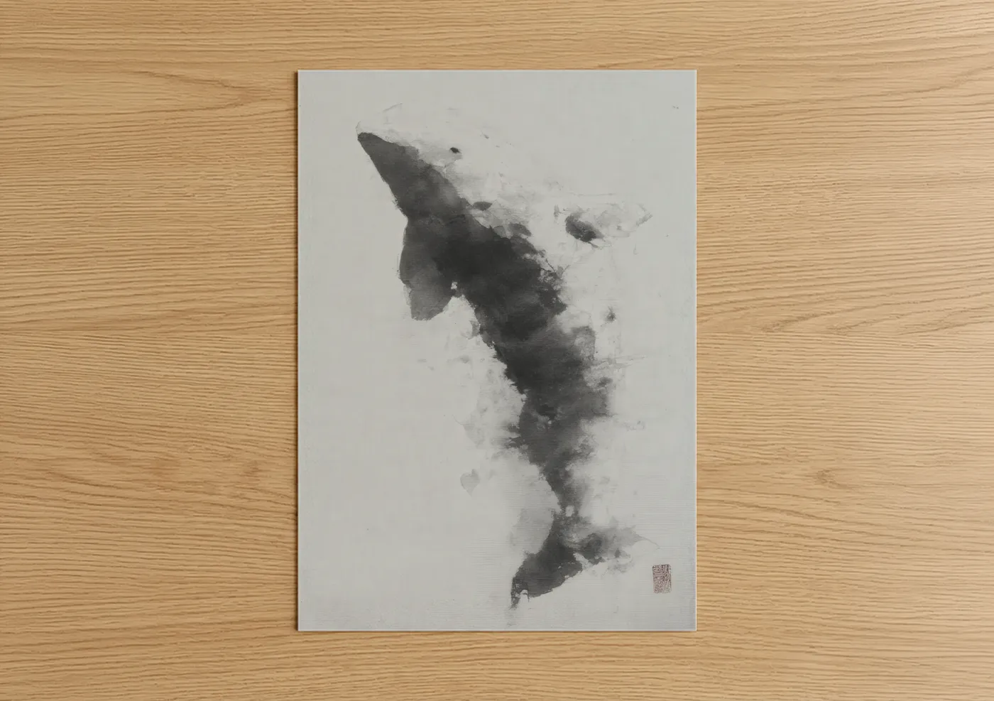 Beluga whale art print on warm oak wood — black and white and gray palette — Ethereal Beluga poster
